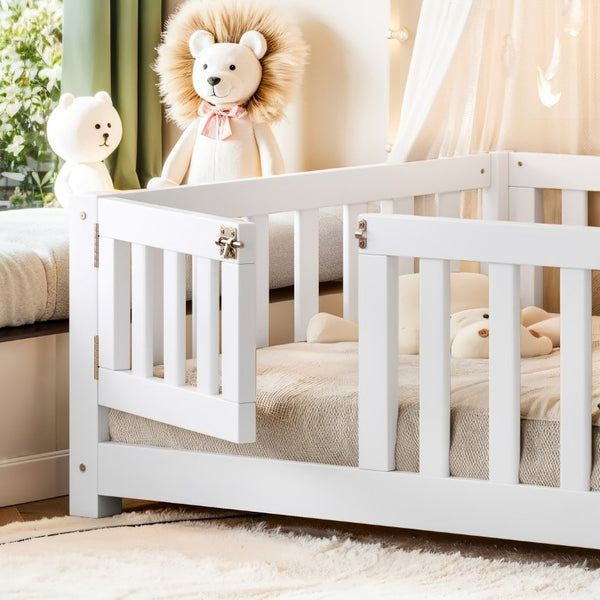 English Elm Twin Floor Bed for Kids with Pine Frame Guardrails and Swing Door Play Space White W1580P554750