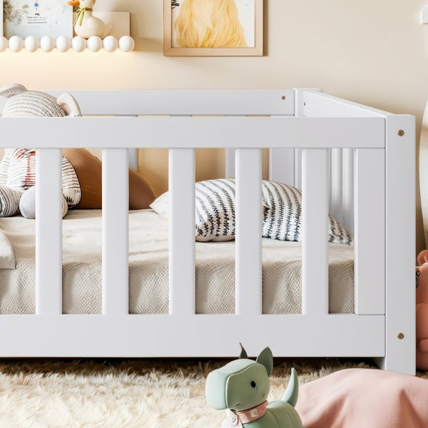 English Elm Twin Floor Bed for Kids with Pine Frame Guardrails and Swing Door Play Space White W1580P554750