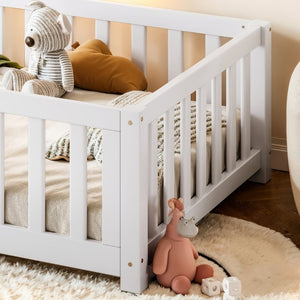 English Elm Twin Floor Bed for Kids with Pine Frame Guardrails and Swing Door Play Space White W1580P554750