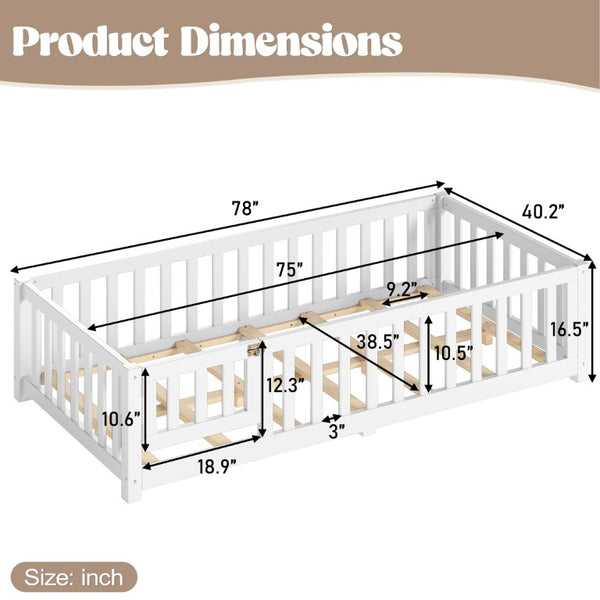 English Elm Twin Floor Bed for Kids with Pine Frame Guardrails and Swing Door Play Space White W1580P554750