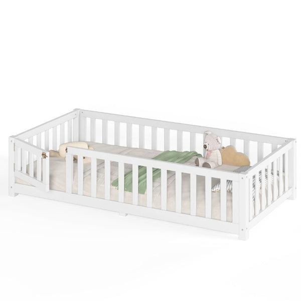 English Elm Twin Floor Bed for Kids with Pine Frame Guardrails and Swing Door Play Space White W1580P554750