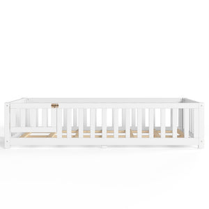 English Elm Twin Floor Bed for Kids with Pine Frame Guardrails and Swing Door Play Space White W1580P554750