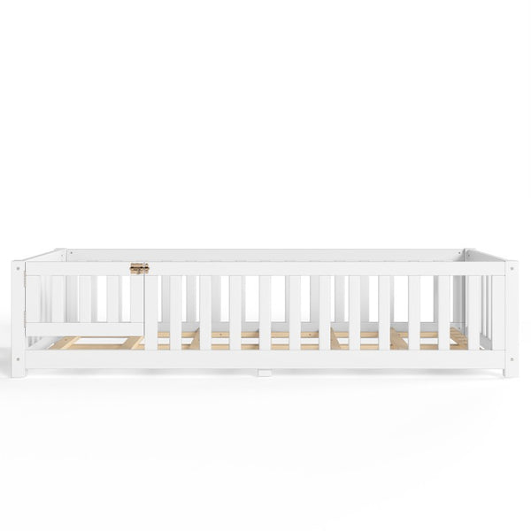 English Elm Twin Floor Bed for Kids with Pine Frame Guardrails and Swing Door Play Space White W1580P554750