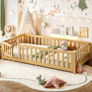 English Elm Twin Floor Bed for Kids with Pine Frame Guardrails and Swing Door Play Space Natural W1580P554752