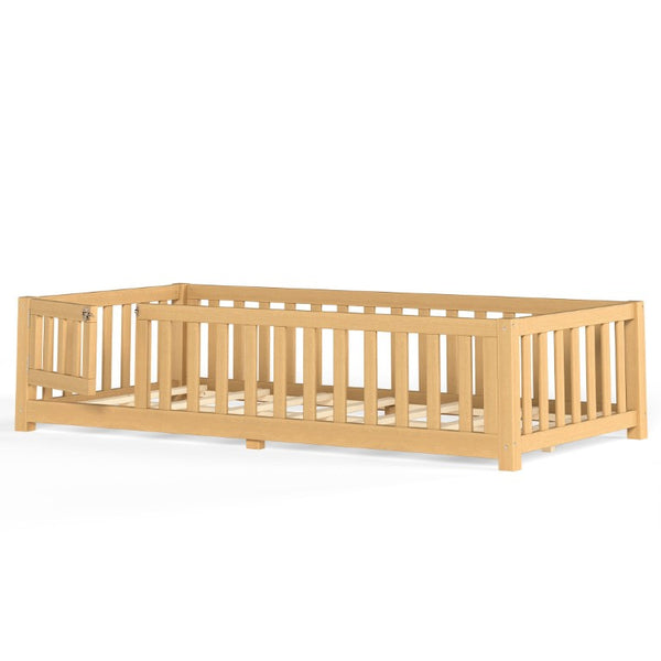 English Elm Twin Floor Bed for Kids with Pine Frame Guardrails and Swing Door Play Space Natural W1580P554752