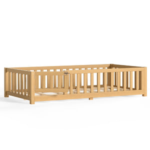 English Elm Twin Floor Bed for Kids with Pine Frame Guardrails and Swing Door Play Space Natural W1580P554752