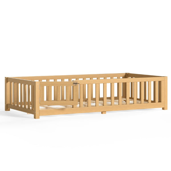 English Elm Twin Floor Bed for Kids with Pine Frame Guardrails and Swing Door Play Space Natural W1580P554752