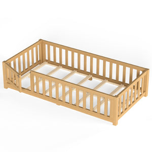 English Elm Twin Floor Bed for Kids with Pine Frame Guardrails and Swing Door Play Space Natural W1580P554752