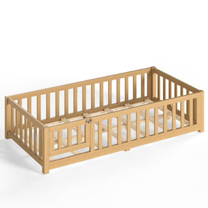 English Elm Twin Floor Bed for Kids with Pine Frame Guardrails and Swing Door Play Space Natural W1580P554752