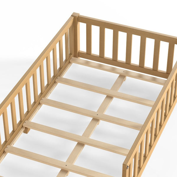 English Elm Twin Floor Bed for Kids with Pine Frame Guardrails and Swing Door Play Space Natural W1580P554752