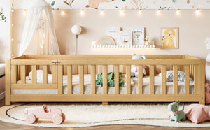 English Elm Twin Floor Bed for Kids with Pine Frame Guardrails and Swing Door Play Space Natural W1580P554752