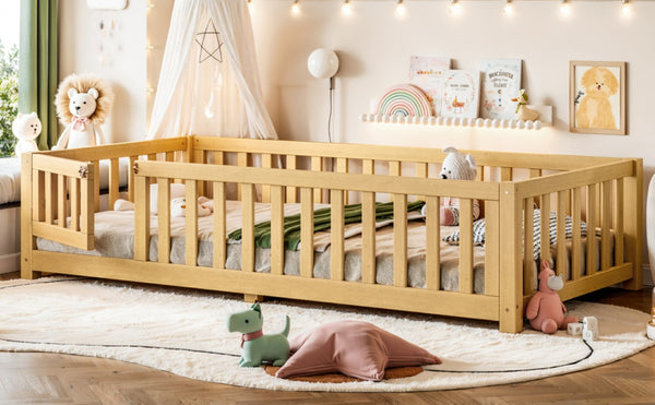 English Elm Twin Floor Bed for Kids with Pine Frame Guardrails and Swing Door Play Space Natural W1580P554752