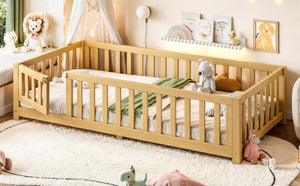 English Elm Twin Floor Bed for Kids with Pine Frame Guardrails and Swing Door Play Space Natural W1580P554752