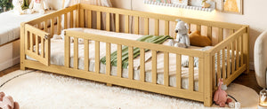 English Elm Twin Floor Bed for Kids with Pine Frame Guardrails and Swing Door Play Space Natural W1580P554752