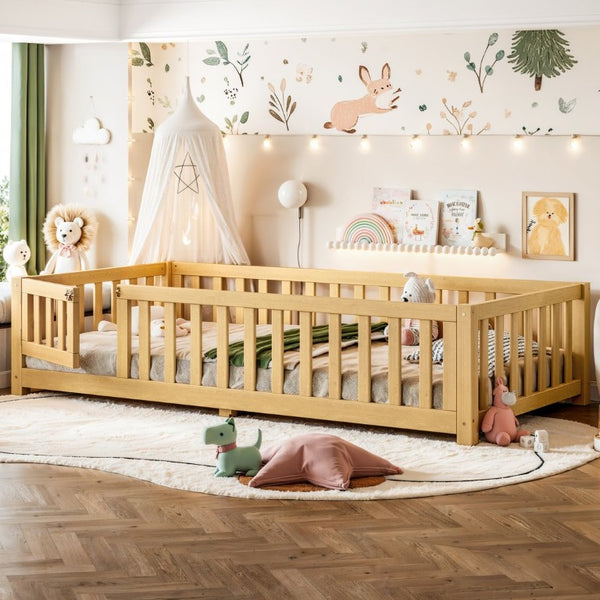 English Elm Twin Floor Bed for Kids with Pine Frame Guardrails and Swing Door Play Space Natural W1580P554752