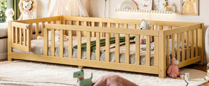 English Elm Twin Floor Bed for Kids with Pine Frame Guardrails and Swing Door Play Space Natural W1580P554752