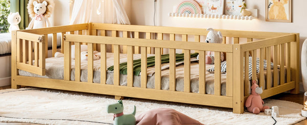 English Elm Twin Floor Bed for Kids with Pine Frame Guardrails and Swing Door Play Space Natural W1580P554752