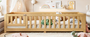 English Elm Twin Floor Bed for Kids with Pine Frame Guardrails and Swing Door Play Space Natural W1580P554752
