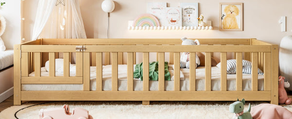 English Elm Twin Floor Bed for Kids with Pine Frame Guardrails and Swing Door Play Space Natural W1580P554752