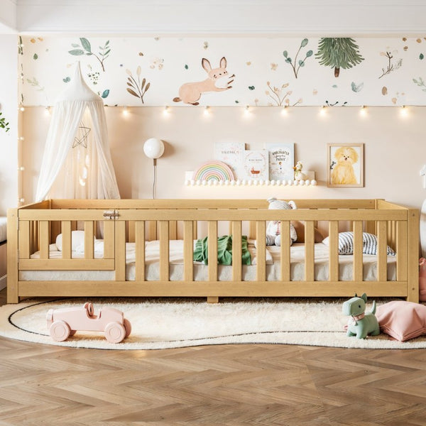 English Elm Twin Floor Bed for Kids with Pine Frame Guardrails and Swing Door Play Space Natural W1580P554752