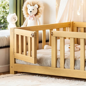 English Elm Twin Floor Bed for Kids with Pine Frame Guardrails and Swing Door Play Space Natural W1580P554752