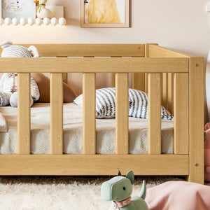 English Elm Twin Floor Bed for Kids with Pine Frame Guardrails and Swing Door Play Space Natural W1580P554752