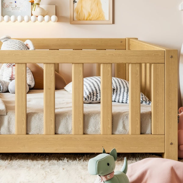 English Elm Twin Floor Bed for Kids with Pine Frame Guardrails and Swing Door Play Space Natural W1580P554752