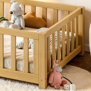 English Elm Twin Floor Bed for Kids with Pine Frame Guardrails and Swing Door Play Space Natural W1580P554752