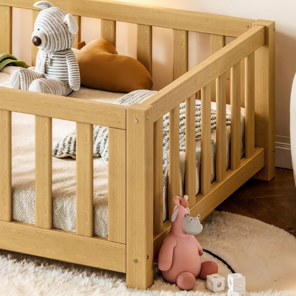 English Elm Twin Floor Bed for Kids with Pine Frame Guardrails and Swing Door Play Space Natural W1580P554752