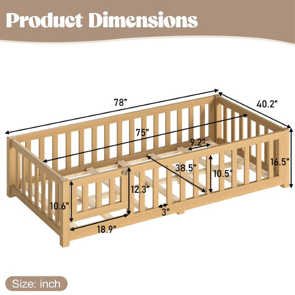 English Elm Twin Floor Bed for Kids with Pine Frame Guardrails and Swing Door Play Space Natural W1580P554752
