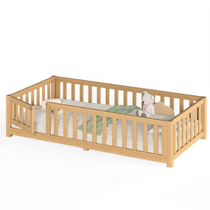 English Elm Twin Floor Bed for Kids with Pine Frame Guardrails and Swing Door Play Space Natural W1580P554752
