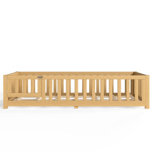English Elm Twin Floor Bed for Kids with Pine Frame Guardrails and Swing Door Play Space Natural W1580P554752