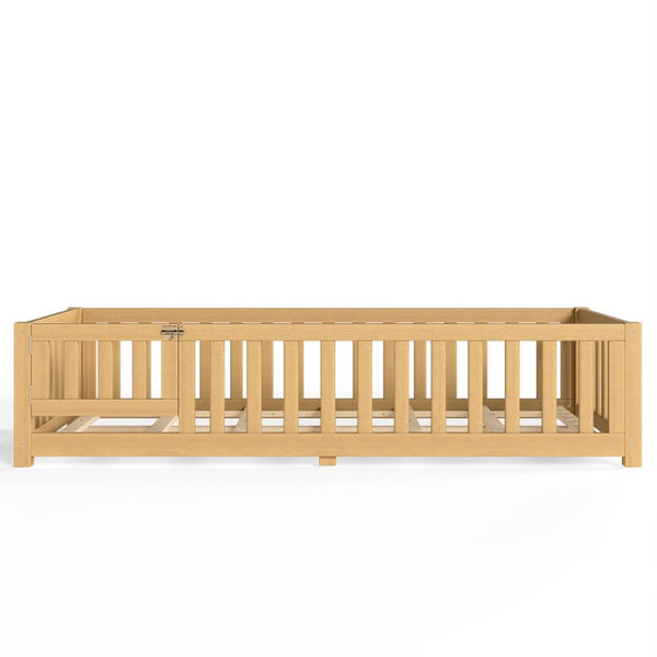 English Elm Twin Floor Bed for Kids with Pine Frame Guardrails and Swing Door Play Space Natural W1580P554752