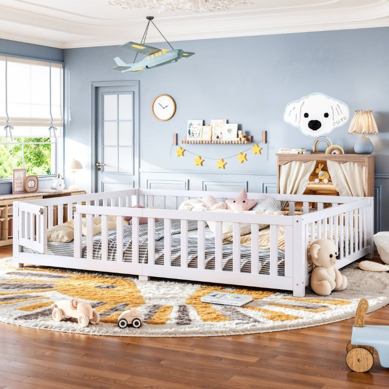 English Elm Queen Kids Floor Bed Solid Pine Frame with Guardrails and Door for Safe Sleep White W1580P554760