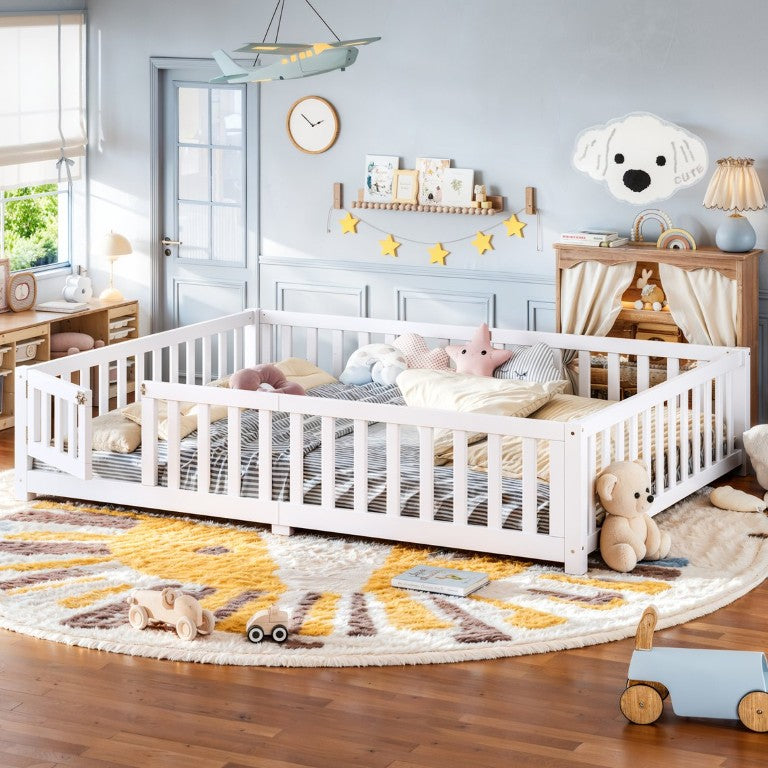 English Elm Queen Kids Floor Bed Solid Pine Frame with Guardrails and Door for Safe Sleep White W1580P554760