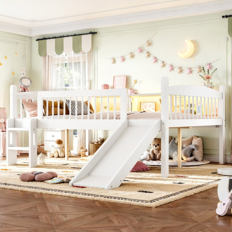 English Elm Full Loft Bed Pine Wood Frame with LED Lighting Built-In Shelves and Safety Guardrails White W1580P563077