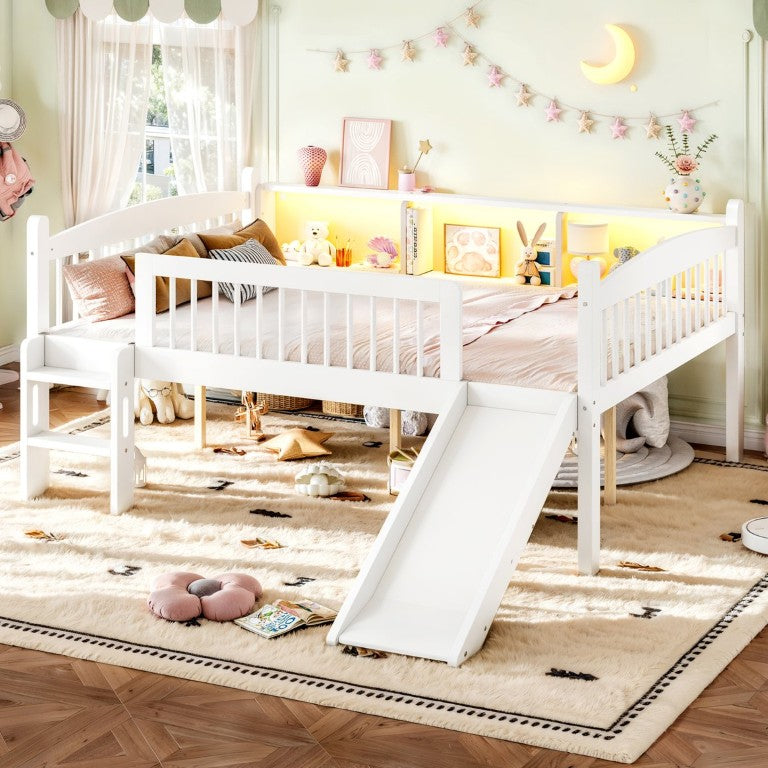 English Elm Full Loft Bed Pine Wood Frame with LED Lighting Built-In Shelves and Safety Guardrails White W1580P563077