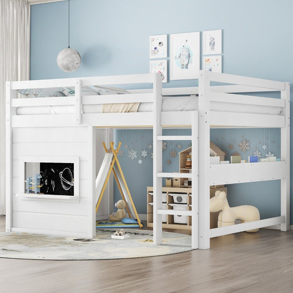English Elm Full Size Pine Loft Bed with Sliding Chalkboard Bookshelf and Safety Rails for Kids W1580S00321