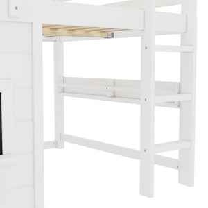 English Elm Full Size Pine Loft Bed with Sliding Chalkboard Bookshelf and Safety Rails for Kids W1580S00321