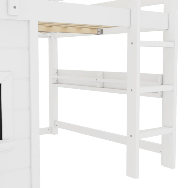 English Elm Full Size Pine Loft Bed with Sliding Chalkboard Bookshelf and Safety Rails for Kids W1580S00321