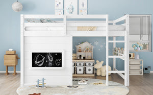 English Elm Full Size Pine Loft Bed with Sliding Chalkboard Bookshelf and Safety Rails for Kids W1580S00321