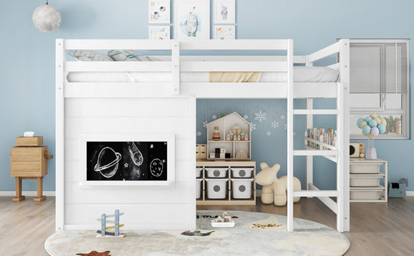 English Elm Full Size Pine Loft Bed with Sliding Chalkboard Bookshelf and Safety Rails for Kids W1580S00321