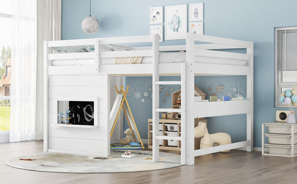 English Elm Full Size Pine Loft Bed with Sliding Chalkboard Bookshelf and Safety Rails for Kids W1580S00321