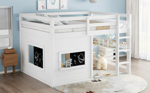 English Elm Full Size Pine Loft Bed with Sliding Chalkboard Bookshelf and Safety Rails for Kids W1580S00321