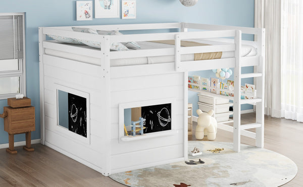 English Elm Full Size Pine Loft Bed with Sliding Chalkboard Bookshelf and Safety Rails for Kids W1580S00321