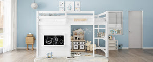 English Elm Full Size Pine Loft Bed with Sliding Chalkboard Bookshelf and Safety Rails for Kids W1580S00321