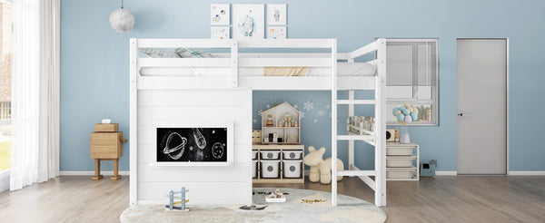English Elm Full Size Pine Loft Bed with Sliding Chalkboard Bookshelf and Safety Rails for Kids W1580S00321
