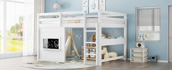 English Elm Full Size Pine Loft Bed with Sliding Chalkboard Bookshelf and Safety Rails for Kids W1580S00321
