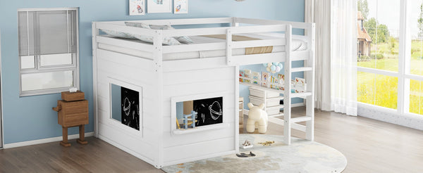 English Elm Full Size Pine Loft Bed with Sliding Chalkboard Bookshelf and Safety Rails for Kids W1580S00321