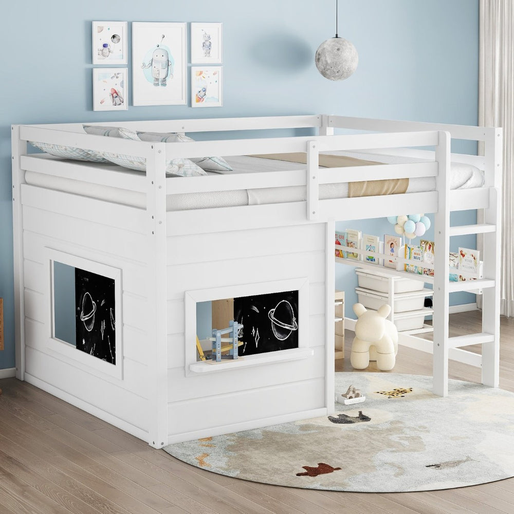 English Elm Full Size Pine Loft Bed with Sliding Chalkboard Bookshelf and Safety Rails for Kids W1580S00321
